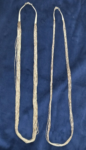 (2) Liquid Strand Silver Tone Necklaces- (1) 30 Strand, (1) 10 Strand