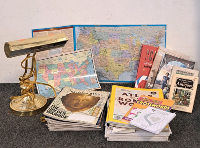 Lamp, Books, And Magazines Including Smithsonian And National Geographic