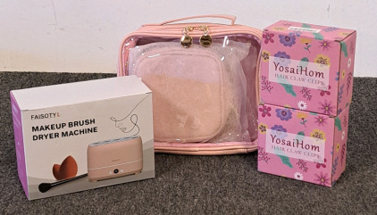 Makeup Brush Dryer, Makeup Bag, And Hair Clips