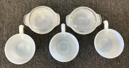 3 Vintage Anchor Hoocking Fire King Oven-Proof Milk Glass Bowls With Handles And 2 Milk Glass Casserole 12oz With Lid