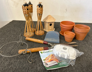Clay Pots, Table Torches, Self-Sealing FoodSaver Container, Birdhouse and Decorative Wall Shelf, And More
