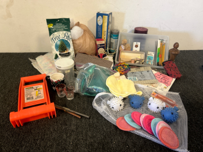 Sewing Needles With Thread, High Quality Fabric And Stuffing, Bead Loom, Tree Bag, Orange Sturdy Panel Carry, And Various Makeup and Laundry Items