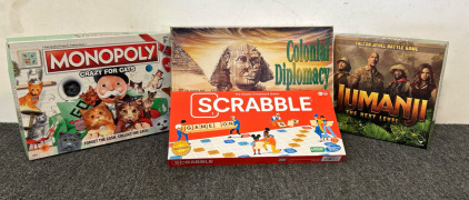 Colonial Diplomacy 1994 Board Game, Brand New Crazy For Cats Monopoly With Minifigures, Classic Hasbro Haming Crossword Scrabble, Falcon Jewel Battle Game Jumanji The Next Level