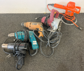 Corded Tools Lot Including Black & Decker 8" Random Orbit Polisher, Chicago Electric handheld dry-cut tile saw, Rigid Corded Drill, Makita Corded Drill, Milwaukee Heat Gun