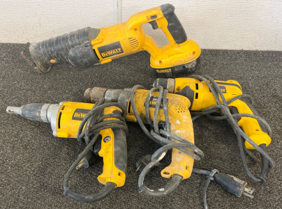DeWalt Tool Lot Including DeWalt DC385 18V cordless reciprocating saw, DeWalt DW272 drywall screw gun, DeWalt DWD110K VSR Corded Drill, DeWalt Battery Charger & DeWalt 18V Battery