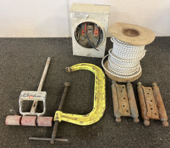 Tools Including C Clamp, Milbank Type 3R enclosure meter socket, Roll Of Bunjee Cord & More