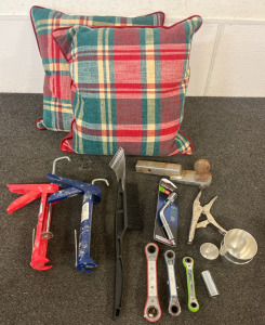 Various Tools Including Trailer Hitch, Hich Pin, Caulk Guns & More Tools, (2) Throw Pillows