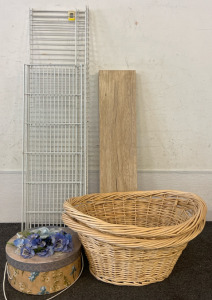 Store Merchandise Shelves, Plank Of Wood / Shelf, (2) Wicker Baskets, Box Of Hair Clips & Headbands