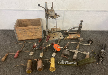 Vintage Tools Including Craftsman Drill Press, Hand Crank Drills, Hand Brace Drills & More