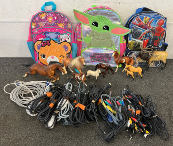 (3) Kids Backpacks, Kids Animal Figure Toys, Various A/V & HDMI Cords