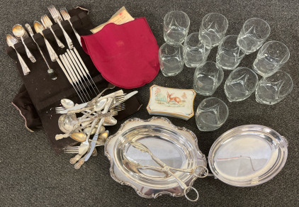 Dishware Including 11 Glass Cups Set, Vintage Silver Serving Dishes & Vintage Silverware