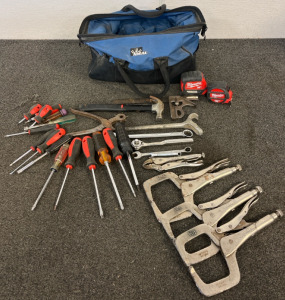 Toolbag Of Tools Including C Clamps, Tape Measures, Screwdrivers, Bits & More