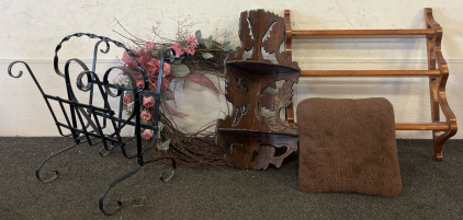 Wooden Hanging Shelves, Wreath, Record Basket & Pillow