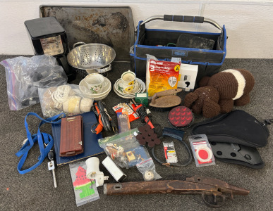 Random Items Lot &mdash; Various Tools With Toolbag, Various Kitchen Items, Bike Seat Cushion, Vintage Gun Part & Much More
