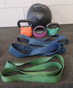 Kettle Bell Weights, UltraFit Evolution By Gopher 20LB Weight Ball, And Resistance Bands!