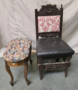 (1) Antique Stool, (1) Antique Chair