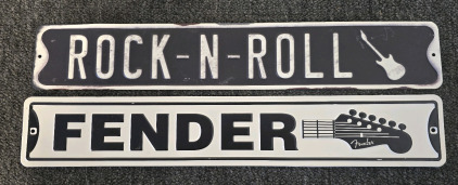 (2) Metal Music Signs: Rock-N-Roll And Fender