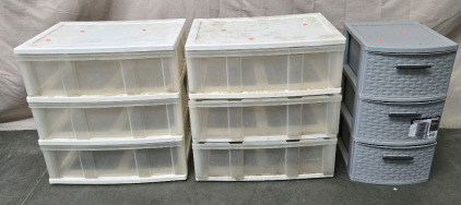 (2) White 3-Drawer Plastic Storage, (1) Grey 3-Drawer Plastic Storage