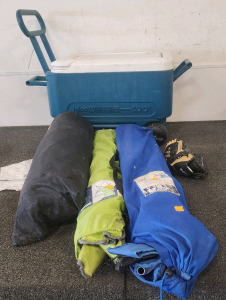 Pacific Crest Tent, Igloo Wheelie-Cool Cooler, And (2) Foldable Chairs, And A youth Size Catchers Mit