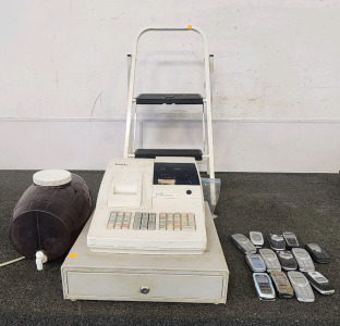Sam4s Register, Step Stool, Mr. Beer Home Brewery Keg Dispenser, And A Collection Of Vintage Cell Phones