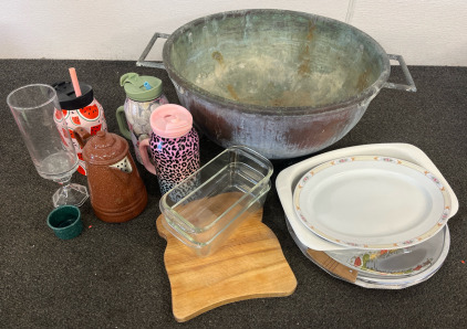 Large Vintage Copper Cooking Pot, Various Dishes Including Water Bottles, Pans & More
