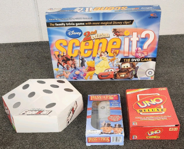 Game Night Lot!-Including Disney Scene It 2nd Edition, Uno Deluxe, Pass The Pigs, And Yahtzee Free For All