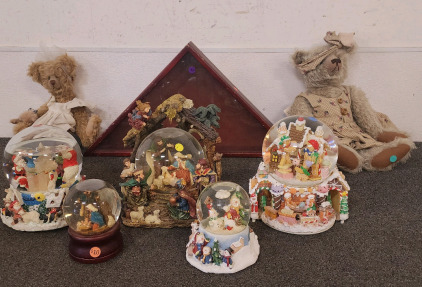 (5) Snow Globes, (2) Vintage Teddy Bears, And A Flag Case