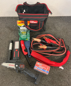 Small Toolbag With Jumper Cables, Small Electric Hand Chain Saw, Flashlights & More
