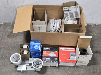Large Box of Assorted Industrial Light Fixtures & Parts