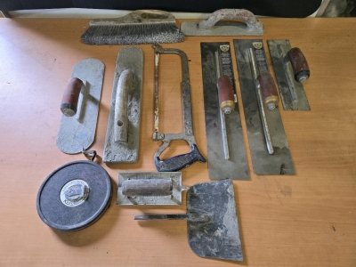 Assorted Concrete Finishing Tools, Keson 100' Fiberglass Measure, Hacksaw, & Heavy Duty Hand Brush