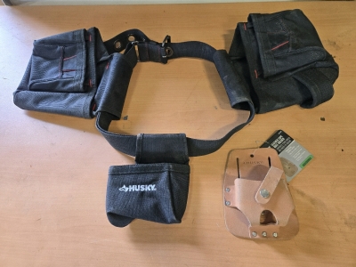 Heavy Duty Fabric Husky Tool Belt w/ 3 Bags for Storage & *New* Leather Tape Rule Holder