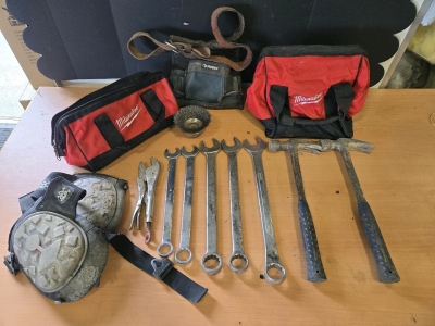 Assorted Box of Hand-Tools: Large Wrenches 1"-1&frac14;", Estwing Hammers, Milwaukee Tool Bags (Empty), Husky Tool Belt, Knee Pads, & More!