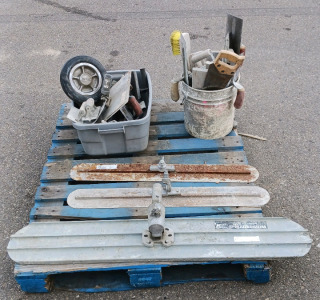 (20+) Concrete & Masonry Tools - (3) Bull Floats (2) Wheels (15) Trowels & Hand Tools