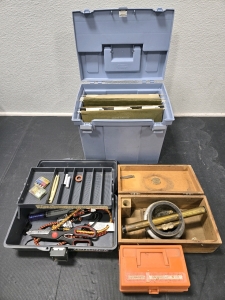 Vintage Bostrom Brady No. 2 Farm Surveying Level in Wood Box, Fishing Tackle Box w/ Assorted Items, Rubbermaid Portable File Storage, Partial Router Bit Kit