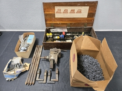 Assorted Construction Items: Concrete Stakes, Table Vice, Assorted Hardware, Big Box of Fencing Nails, & Large Wood Storage Box