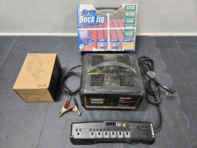 Vintage Sears 6/2Amp Manual Battery Charger, *New* Kreg Deck Jig, Mr Beams MB390 Motion Sensing LED Ultrabright Spotlight, Rocketfish Grounded Surge Protector