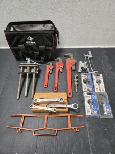 Set of (3) Snap-On Rachet Wrenches, (3) Assorted Size Ridgid Pipe Wrenches, Assorted Size Freud Forstner Bits, Like New Husky Tool Storage Bag, & More!