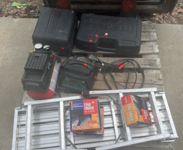 (1) Box Of fabric (1) Craftsman 9.5 Amp 1-3/4 HP Fixed Base Router (1) Craftsman 1/2&rdquo; 19.2 Volt Cordless Drill Driver & Craftsman 19.2 Volt Cordless work light (1) Husky Air compressor 100 Max PSI (1) 12v/6v Fully Automatic Microprocessor Controlled Batte