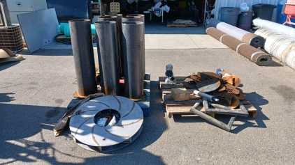 (1) Industrial Scrap Pallet - (8) 10"&times;37&frac12;" Steel Tubes (10GA) (1) Steel Rotor (20+) Rusted Auger Plates & Parts