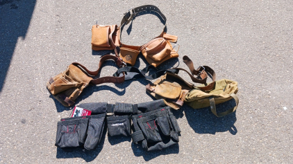 (4) Work Utility Gear - (1) Husky Handyman Apron (1) NW Leather Tool Belt (1) Worn Leather Tool Belt (1) Canvas Utility Bag