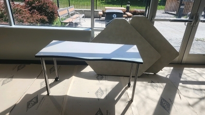 Offsite - (2) 64" x 45" Triangle SHAPE Desk Tops (1) 54" x 24" Table With Wheels