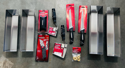 Drywall Starter Kit Includes: Husky Welded Mud Pans (12" and 14"), Drywall Rasp Tool, (2) Jab Saws (6"), Fixed Blade Utility Knife, Hopper Gun Replacement Nozzles and (2) Corner Tools