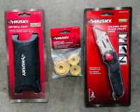 Drywall Starter Kit Includes: Husky Welded Mud Pans (12" And 14"), Drywall Rasp Tool, (2) Jab Saws (6"), Fixed Blade Utility Knife, Hopper Gun Replacement Nozzles and (2) Corner Tools - 4