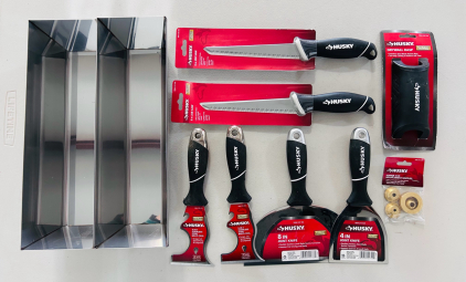 Husky Drywall Tools Including: Welded Mud Pans (12"), Drywall Rasp, Multi Tools, Joint Knives, Jab Saws And Hopper Replacement Nozzles
