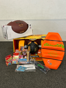 Wilson Junior Size Football, Bumblebee RC Toy, Glow City Basketball with Pump, and More