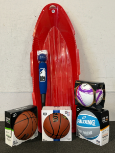 Red Plastic Sled, (3) Basketballs, Baden Soccer Ball, and Franklin Foam Oversized Bat and Ball