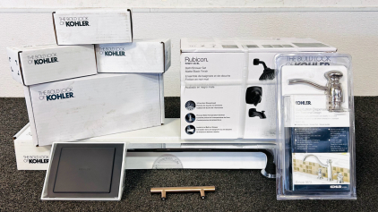 Kohler Products Including: 18" Towel Bar, Pivoting Toilet Tissue Holder, (3) Purist Pull Handles, Bath Shower Set, Soap/ Lotion Dispenser and Draft 6" Tray In White