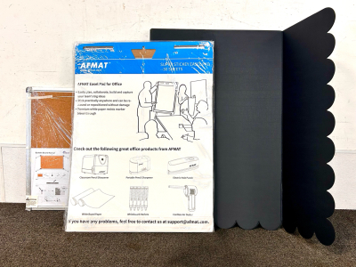 Super Sticky Easel Pads, (12) Black Presentations Tri-Fold Boards, and Cork Bulletin Board