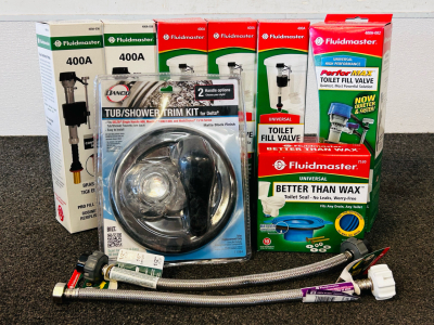 Plumbing/ Toilet Essentials Including: Fluidmaster Toilet Fill Valves, Toilet Seal Ring, Shower Trim Kit and Connector Hoses