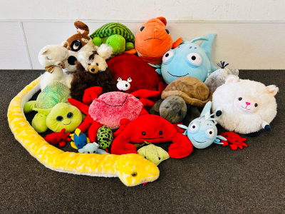 Various Size Stuffed Animals: Crabs, Pets, Sea Creatures and More